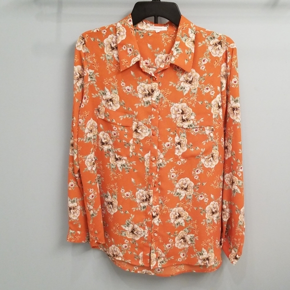 Pleione Tops - Pleione Orange Floral Print Long Sleeve Blouse L
